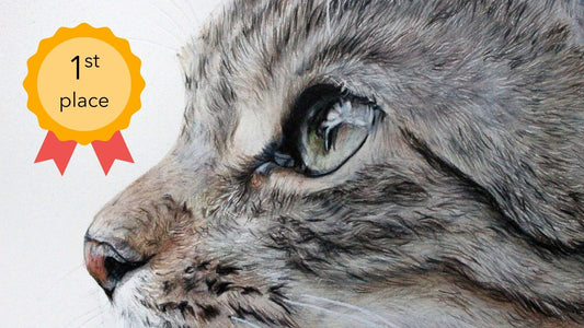 Rechts Detailaufnahme einer Bunstiftzeichnung von einer Katze, links Medaille mit dem Text "1st place"