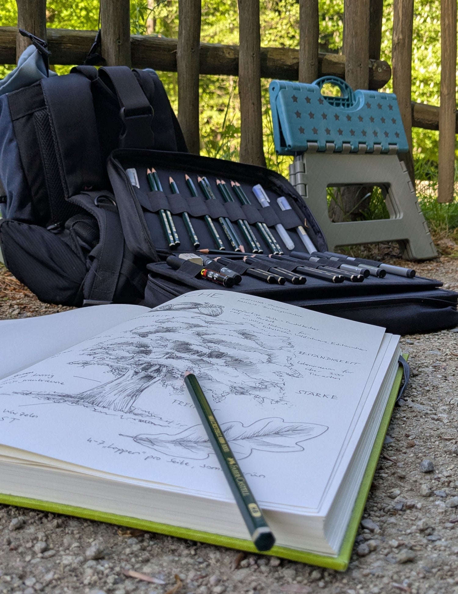 Skizzenbuch mit Skizze einer Eiche, im Hintergrund Stifte, ein Rucksack und ein Hocker