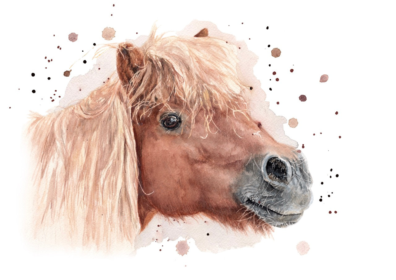 Aquarellzeichnung eines Ponys mit rotbraunem Fell und beiger Mähne