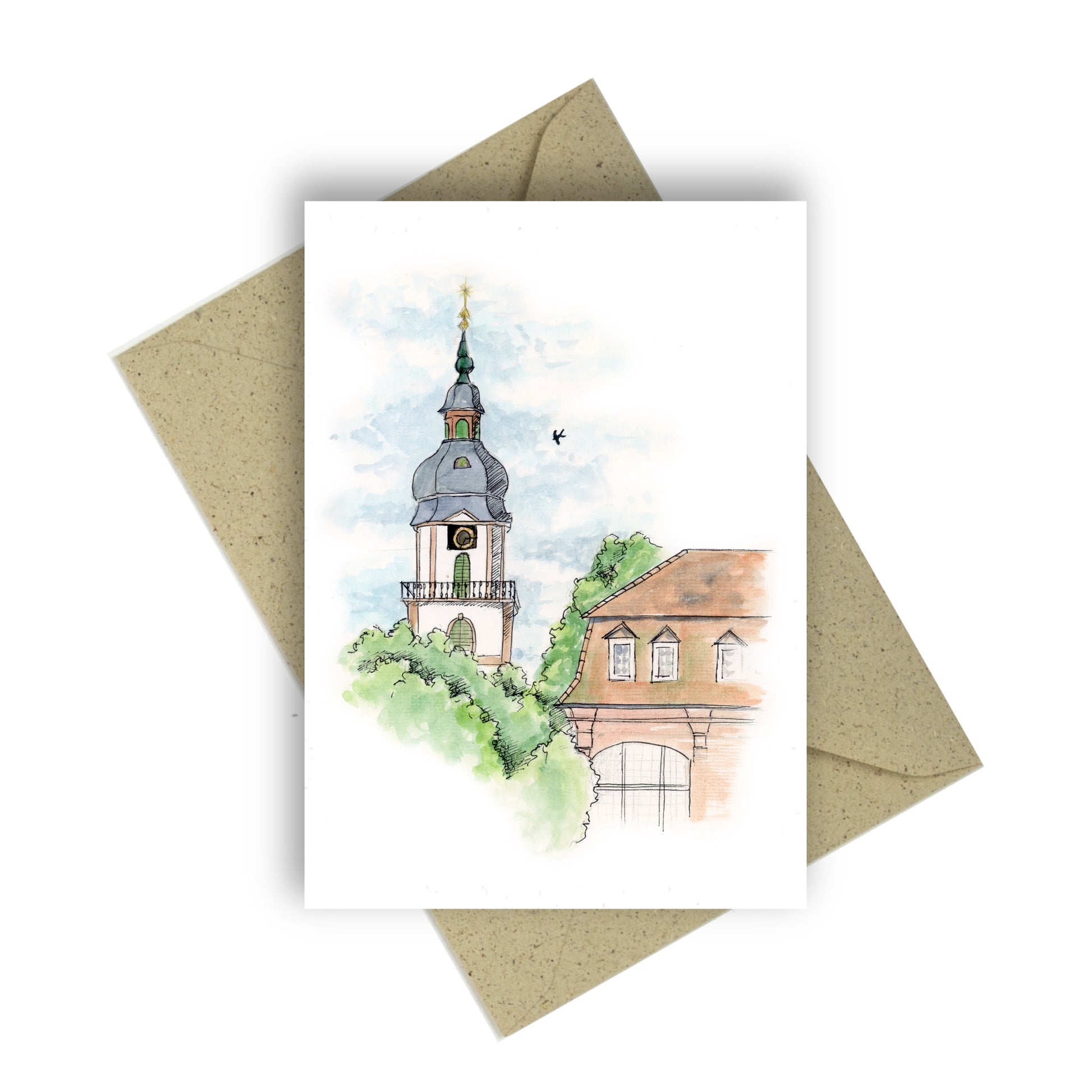 Aquarell Illustartion des Kirchturms in Erbach im Odenwald, angerissen die Orangerie des Lustgartens