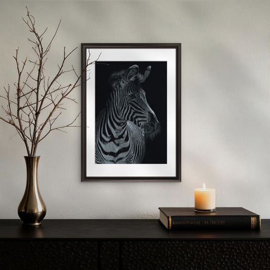 Buntstiftzeichnung eines Zebras mit schönen Lichteffekten gerahmt an der Wand über einer schwarzen Kommode